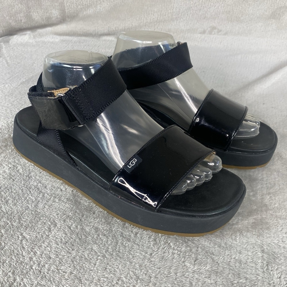 UGG Lennox Strappy Flat Sandals Womens Size 10 Black Patent Leather NEW
